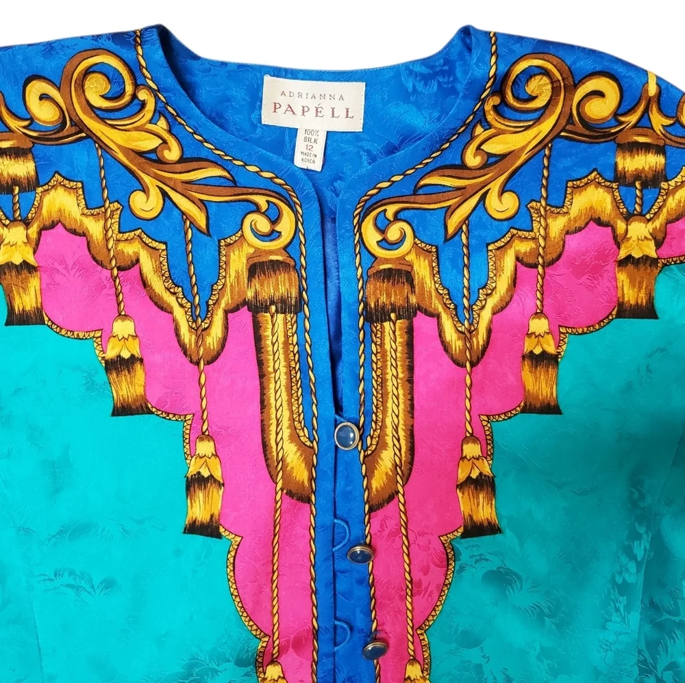 Vntg Adrianna Papell Green and Gold 100% Silk Jacket. 12 - Picture 4 of 10